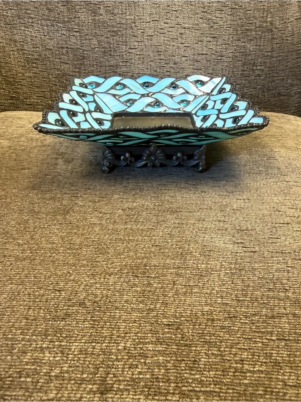 Retired PartLite Spring Water Pillar Candle Holder Tiffany-Style Blue Glass